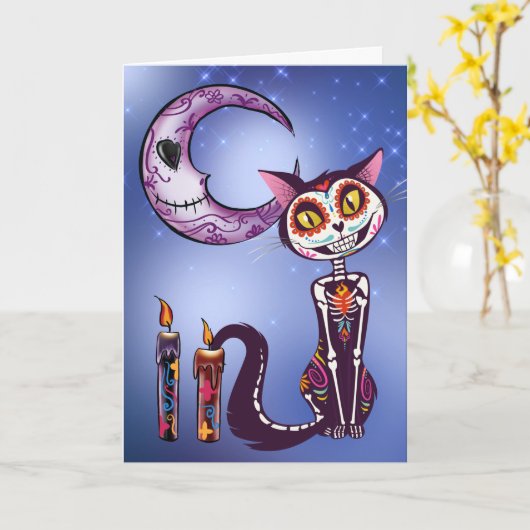 Día de Muertos de Luna y Gato カード (黄色い花)