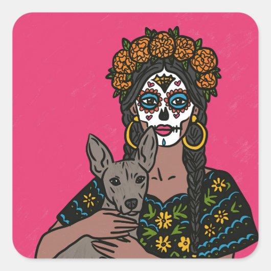Dia de Muertos Marigold and Xolo Dog Stickers スクエアシール (正面)