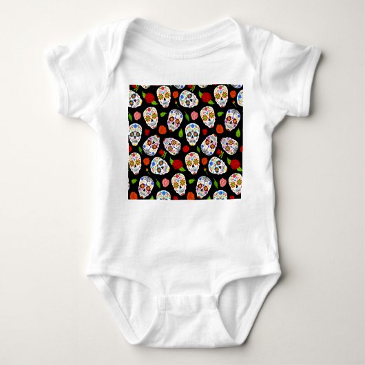 Dia Los Muertos：砂糖のスカルパターン。 ベビーボディスーツ (正面)