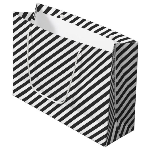 Diagonal black and white stripes  pattern ラージペーパーバッグ (正面アングル)