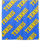 Diagonal Bright Yellow Retro TENNIS Text On Blue シャワーカーテン (正面)