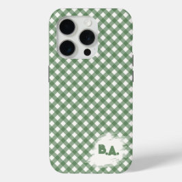 Diagonal Gingham Pattern in Green with Initials iPhone 15 Proケース