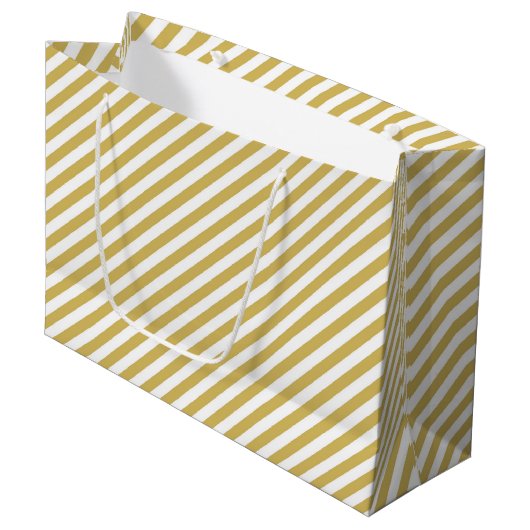Diagonal golden yellow and white stripes pattern ラージペーパーバッグ (正面アングル)