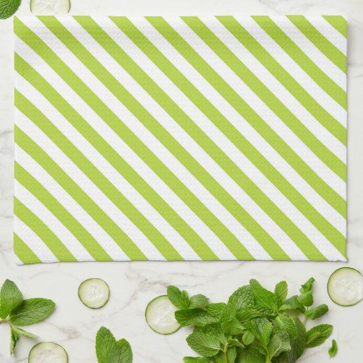 Diagonal lime green and white stripes pattern キッチンタオル (折り畳み)