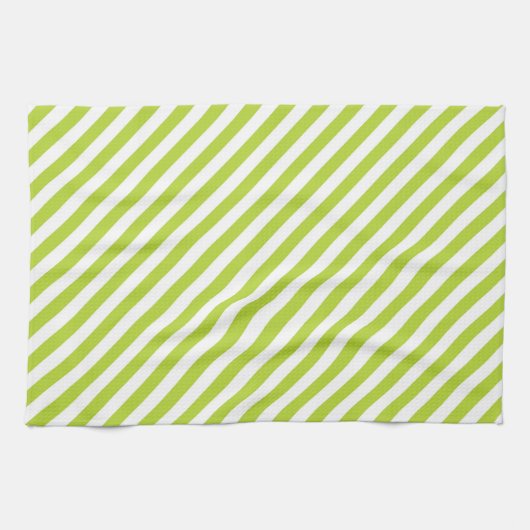 Diagonal lime green and white stripes pattern キッチンタオル (横)