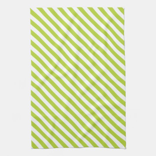 Diagonal lime green and white stripes pattern キッチンタオル (縦)
