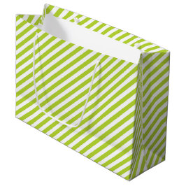 Diagonal lime green and white stripes pattern ラージペーパーバッグ