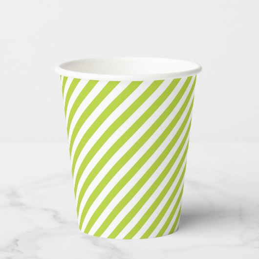 Diagonal lime green and white stripes pattern 紙コップ (正面)