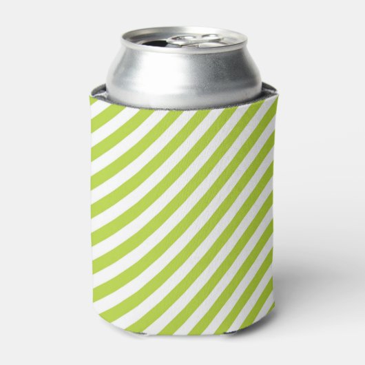 Diagonal lime green and white stripes pattern 缶クーラー (缶正面)