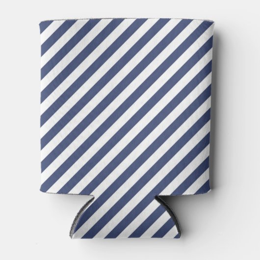 Diagonal navy blue and white stripes pattern 缶クーラー (正面)