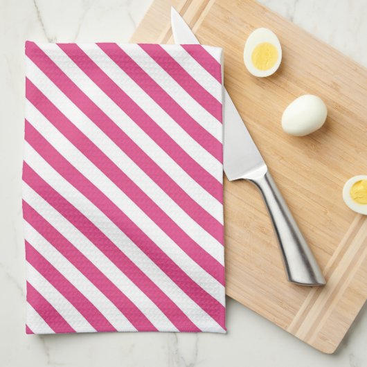 Diagonal pink and white stripes pattern キッチンタオル (四つ折り)