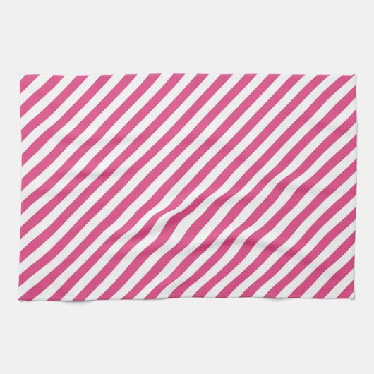 Diagonal pink and white stripes pattern キッチンタオル (横)