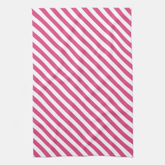 Diagonal pink and white stripes pattern キッチンタオル (縦)