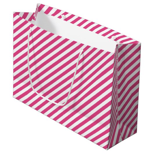 Diagonal pink and white stripes pattern ラージペーパーバッグ (正面アングル)