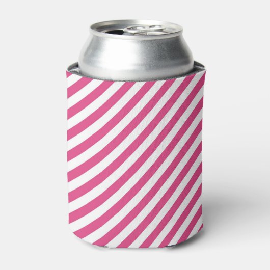 Diagonal pink and white stripes pattern 缶クーラー (缶正面)