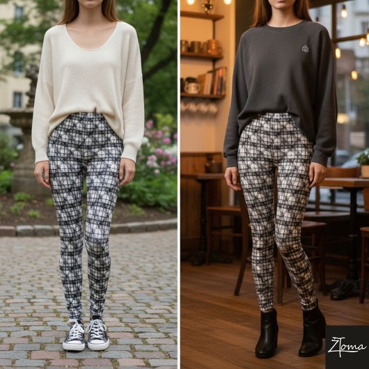 Diagonal Plaid Monochrome Gray Fine Weave レギンス