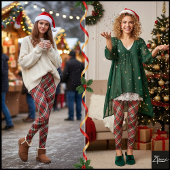 Diagonal Red Black Green Plaid Fabric レギンス