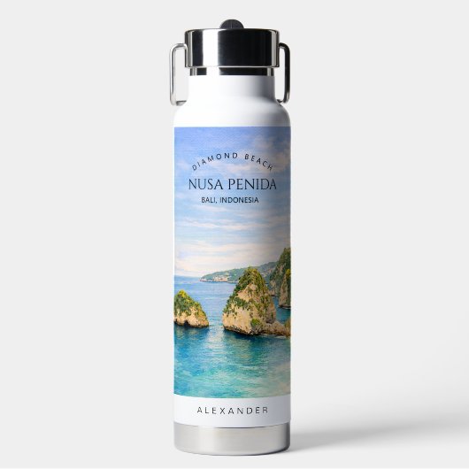 Diamond Beach Bali Watercolor Turquoise Sea ウォーターボトル (正面)