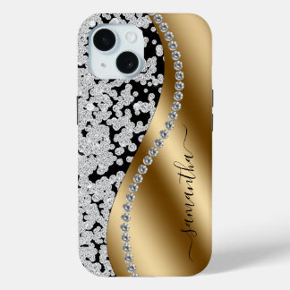 Diamond Bling Gold Metal Personalized Script  iPhone 15ケース