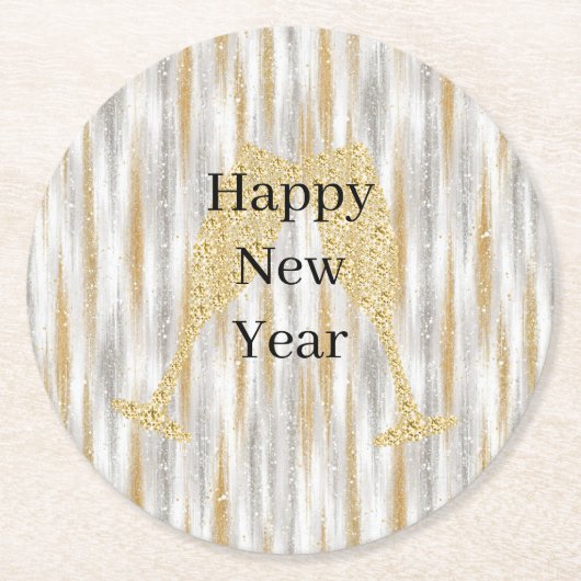 Diamond Champagne Glass Happy New Year Silver Gold ラウンドペーパーコースター (正面)