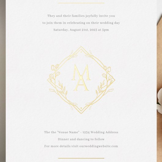 Diamond Monogram With Flowers in Gold Wedding 箔招待状