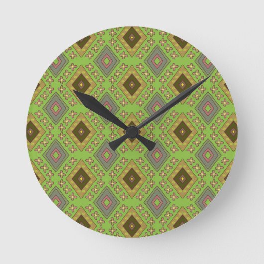 Diamond Rhombus Pink Floral Green Pattern ラウンド壁時計 (正面)