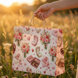 Diamond Rings, Roses & Luxury Gift Boxes Pattern ラージペーパーバッグ