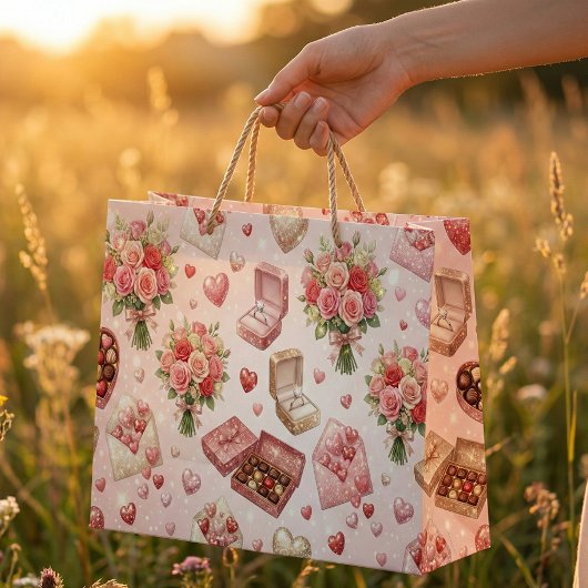 Diamond Rings, Roses & Luxury Gift Boxes Pattern ラージペーパーバッグ