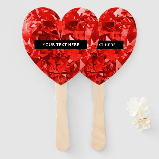 Diamond Ruby Heart Personalized Text Luxury Chic ハンドファン (正面&裏面)
