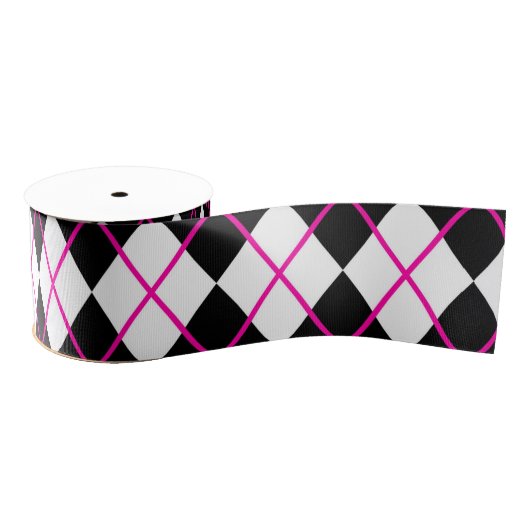 Diamond Shape Argyle Print Black Pink Ribbon グログランリボン (リール)