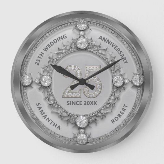 Diamond & Silver Frame 25th Wedding Anniversary ラージ壁時計 (正面)