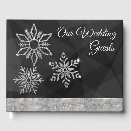 Diamond Snowflakes on Black Wedding Guest Book ゲストブック