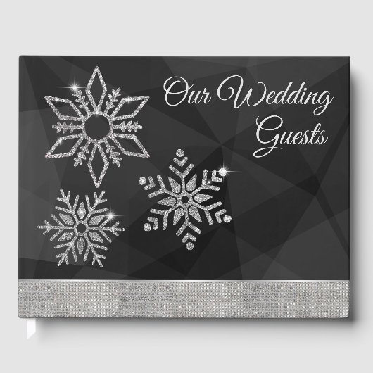 Diamond Snowflakes on Black Wedding Guest Book ゲストブック (正面)