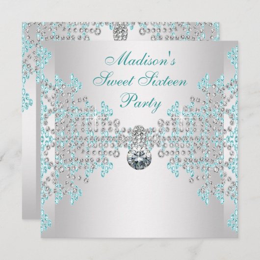 Diamonds de Prata Azul Teal Doce 16 Anos Festa de  招待状 (正面/裏面)
