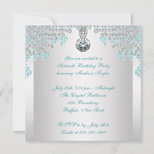 Diamonds de Prata Azul Teal Doce 16 Anos Festa de  招待状 (裏面)