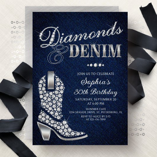 Diamonds Denim Western Birthday 招待状