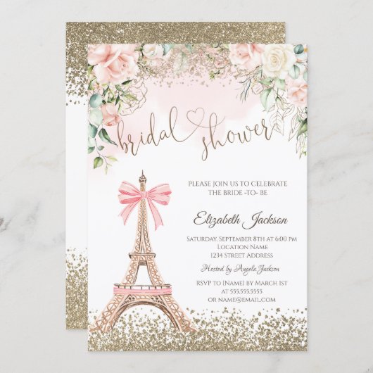 Diamonds Eiffel Tower Bow Flowers Bridal Shower  招待状 (正面/裏面)