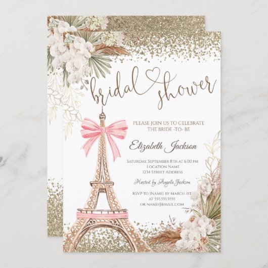  Diamonds Eiffel Tower Bow Flowers Bridal Shower  招待状 (正面/裏面)