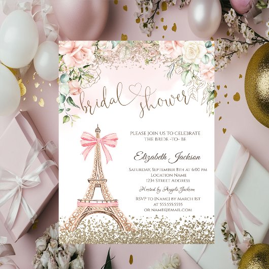 Diamonds Eiffel Tower Bow Flowers Bridal Shower  招待状