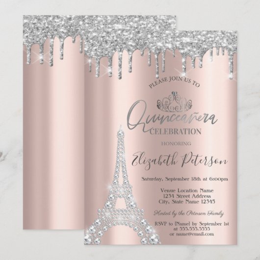 Diamonds Eiffel Tower,Drips Silver Quinceañera 招待状 (正面/裏面)
