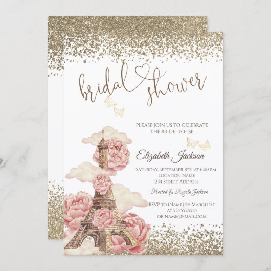  Diamonds Eiffel Tower Peonies Butterfly  招待状 (正面/裏面)