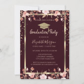 Diamonds Gold Grad Cap Flowers Burgundy Graduation 招待状 (正面)