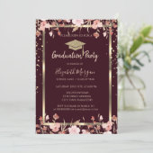 Diamonds Gold Grad Cap Flowers Burgundy Graduation 招待状 (スタンド正面)