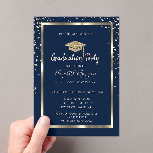 Diamonds Gold Graduation Cap Navy Blue Graduation アクリル招待状 (インサイチュ (ポータブル))