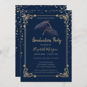 Diamonds Grad Cap Frame Navy Blue Graduation 招待状 (正面/裏面)