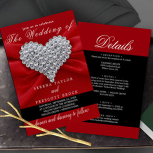 Diamonds Red Elegant Calligraphy Beautiful Wedding 招待状