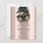 Diamonds Rose Gold Black Masquerade Sweet 16 招待状 (正面)
