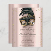  Diamonds Rose Gold Black Masquerade Sweet 16   招待状 (正面/裏面)