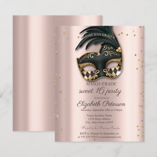 Diamonds Rose Gold Black Masquerade Sweet 16 招待状 (正面/裏面)