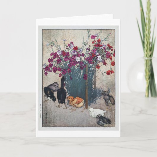 Dianthus & Chicks (Dianthus & Chicks)、吉田博、ウッドカット カード (正面)
